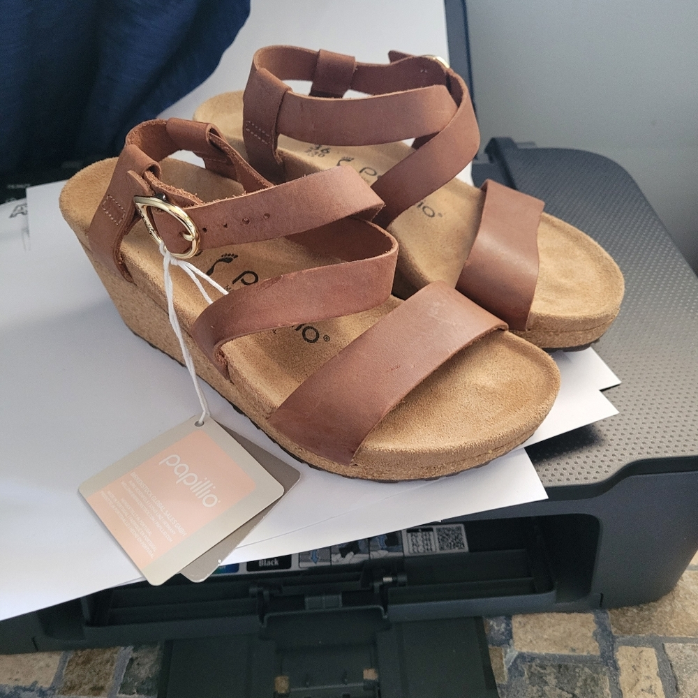 Papillio Brown Leather Strappy Wedge Birkenstock